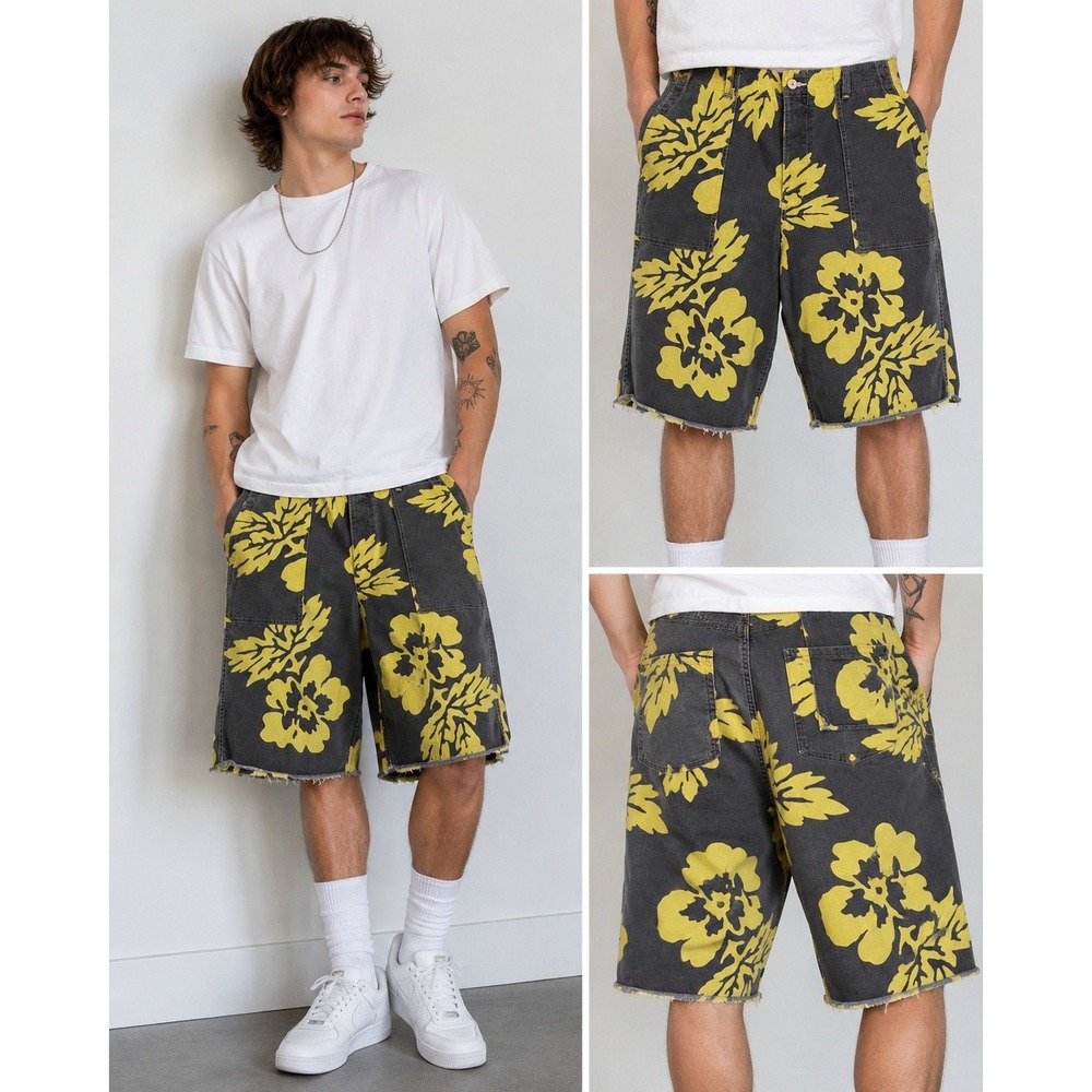 Denim & Supply Ralph Lauren Hawaiian Cutoff Shorts Gray Yellow Men‎ 40 Y2K Surf